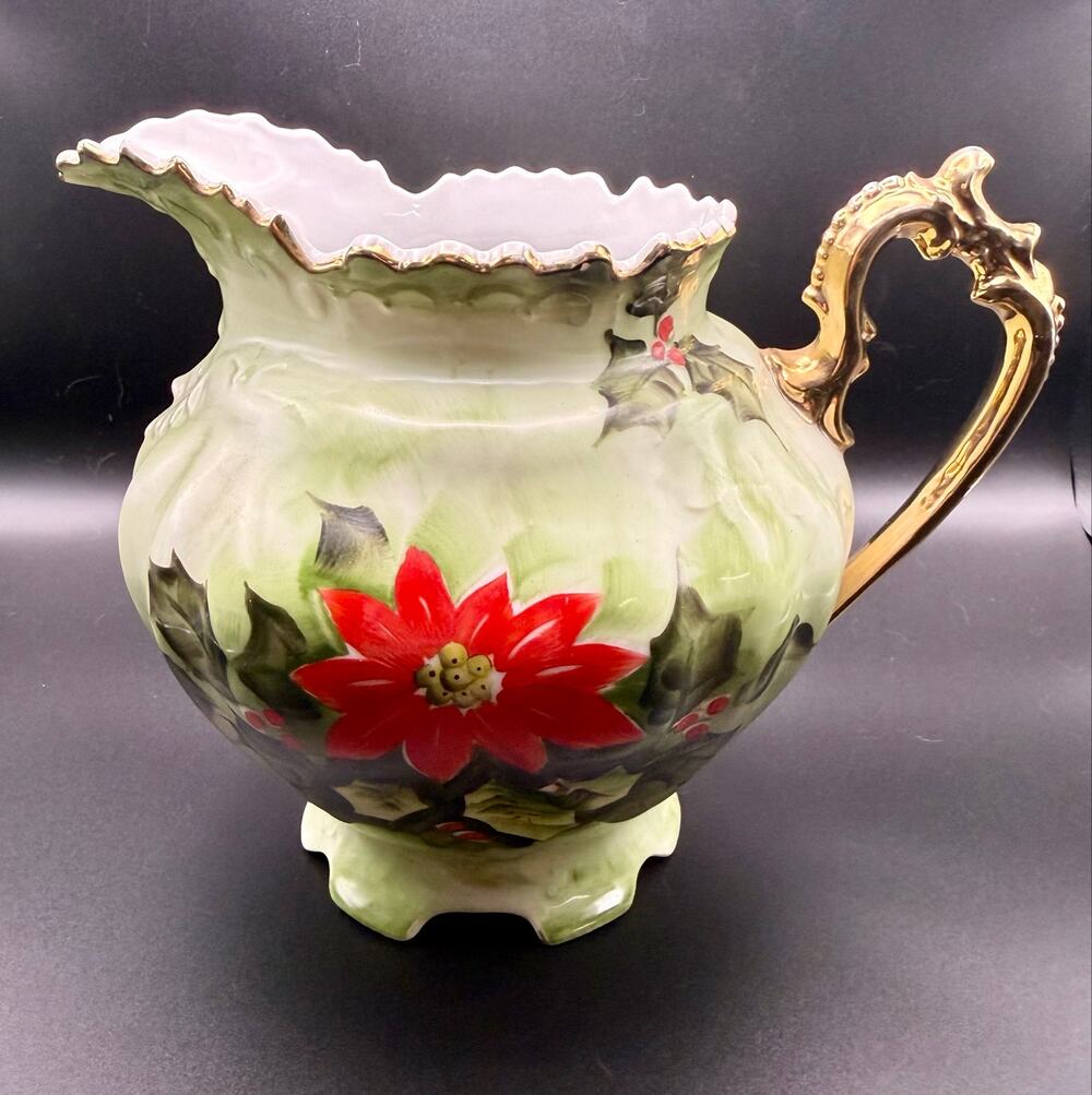 Vintage Lefton China Hand Painted Christmas Pitcher Poinsettia Holly Gold Trim